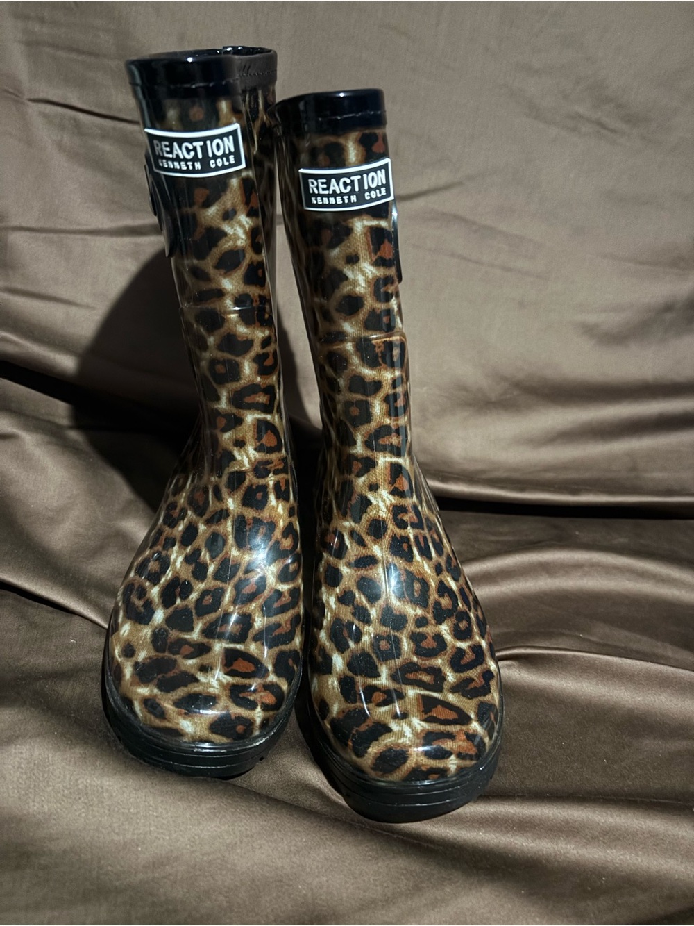 New in Box! Reaction Kenneth Cole Leopard-Print Rain Boots - Black/Brown